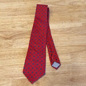 Hardy Amies London Mens Silk Tie Red Blue Geometric Medallion Pattern Classic